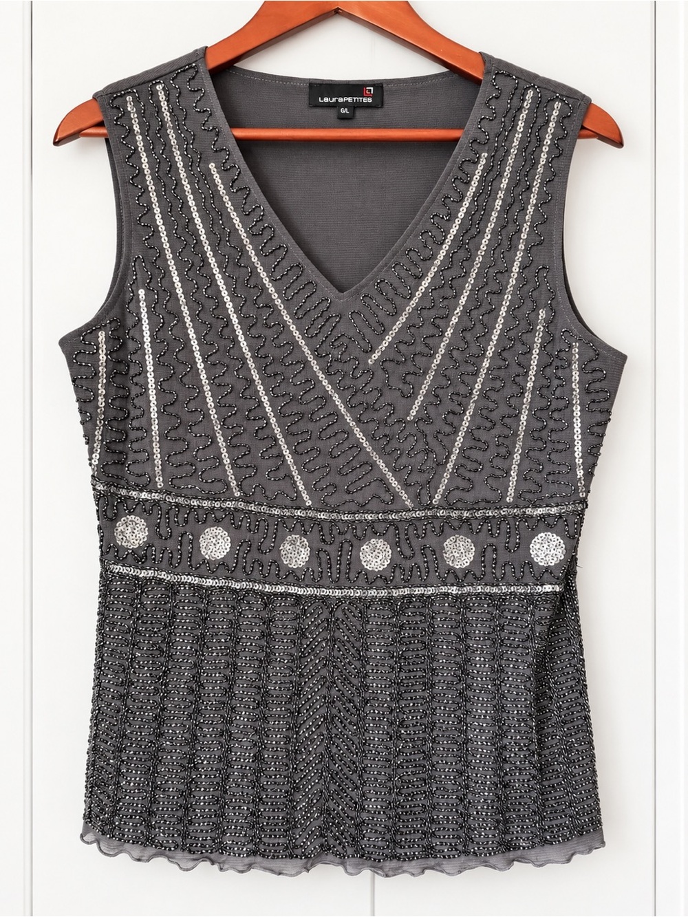 Laura Petites Beaded Sequin V-Neck Evening Top Petite Large